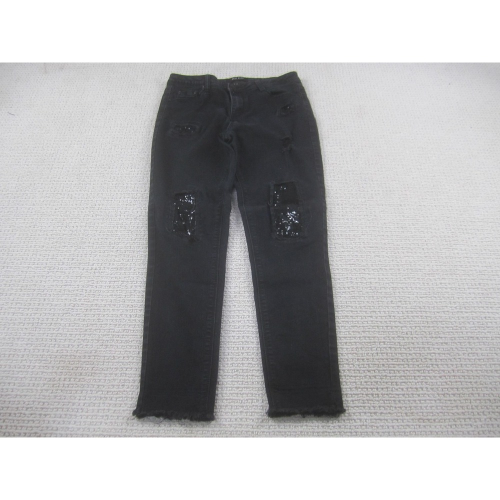 Deja Bleu Jeans Womens 9 Black‎ Distressed Sequin Patch Skinny Raw Hem Denim